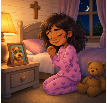 Maisie kneeling by her bed praying for Murphy to come home